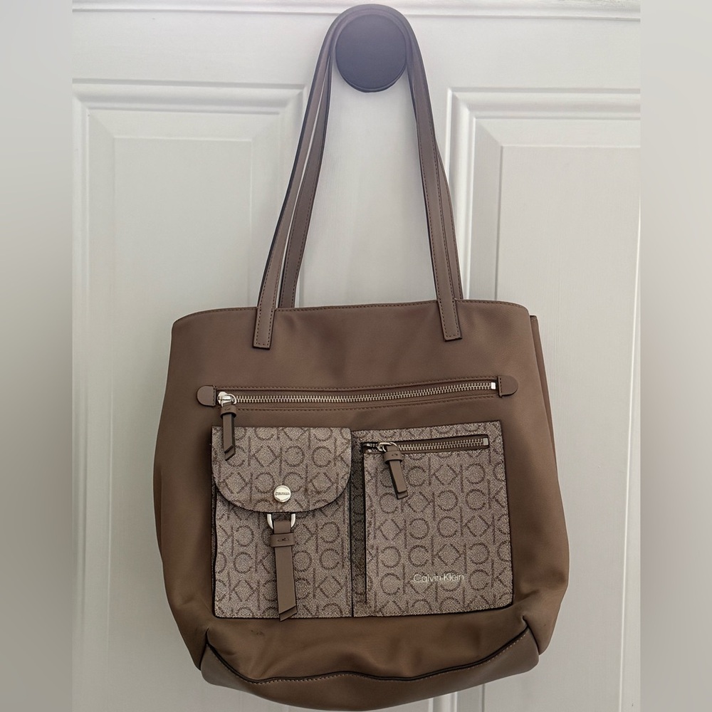 Calvin Klein Rossa Taupe Nylon Leather Monogram Utility Tote Bag